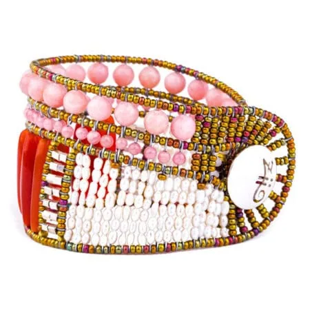 Armband "Rock" Large Pink, mit Perlen, Karneol, Calcit, Rhodochrosit und Sterling Silber 925/000.
