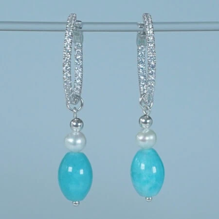 Creolen Ohrringe Zirkonia in WG mit Amazonit und Perlen